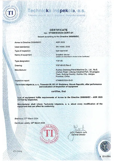 Certificação ADR (Dispositivo de respiro)